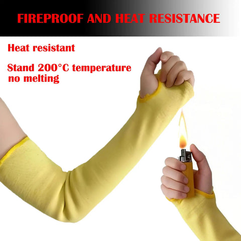 Tough As Nails Double Ply Kevlar Arm Sleeves Cut And Heat Resistant Ergonomic Knit Fit With Thumb Slots Perfect For Welding Mechanics Gardeners 18 Inch Yellow Includes 2 Pair Bundle showing heat resistance with hands and lighter.