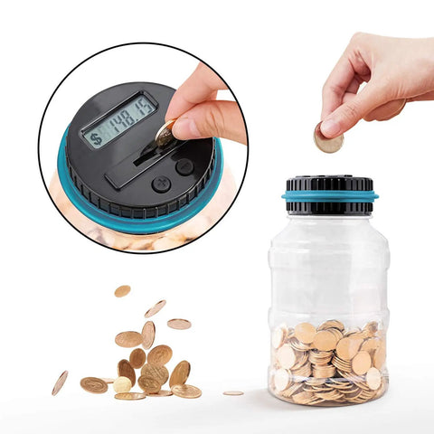 Big Digital Coin Counter Piggy Bank With LCD Display One Point Eight Liter Capacity Holds 800 To 1000 US Coins Blue Money Jar