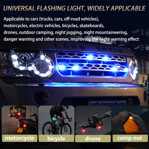Front view of a vehicle with wireless LED strobe lights, showing high brightness beacons for universal anti-collision warning.