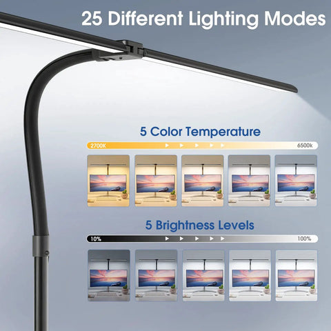 Ultra Wide 31 Point 5 Inch LED Desk Lamp With Double Heads And Clamp 24W Eye Caring Architect Light Featuring 5 Color Modes And 5 Dimmable Levels for adjustable lighting