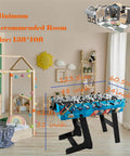 Four Foot All In One Game Table With Pool Billiards Air Hockey Soccer Foosball Table Tennis And Basketball Slam Dunk Station in a colorful room setting.