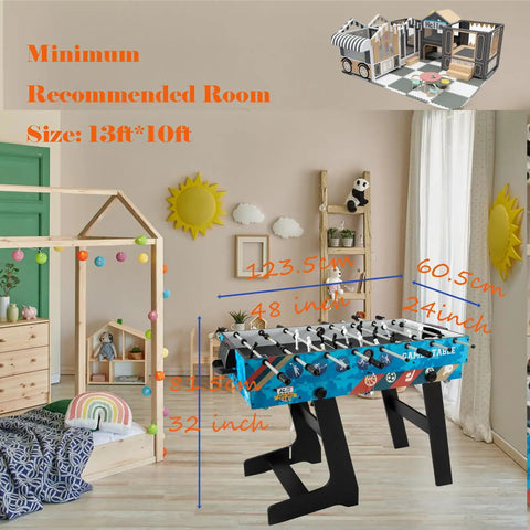 Four Foot All In One Game Table With Pool Billiards Air Hockey Soccer Foosball Table Tennis And Basketball Slam Dunk Station in a colorful room setting.