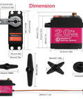 High Torque 20Kg RC Servo Motor Waterproof Full Metal Gear Steering with dimensions and 25T Horn for RC cars and robots