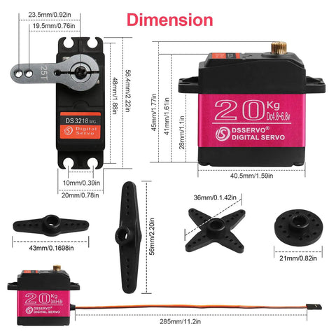 High Torque 20Kg RC Servo Motor Waterproof Full Metal Gear Steering with dimensions and 25T Horn for RC cars and robots