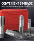 Six Piece NPT Pipe Tap Set Including One Inch Three Quarters Inch One Half Inch Three Eighths Inch One Quarter Inch And One Eighth Inch Taps For Pipe Thread Repair Re Threading Damaged Or Jammed Threads In Bearing Steel With Heavy Duty Storage Case displayed with red case.