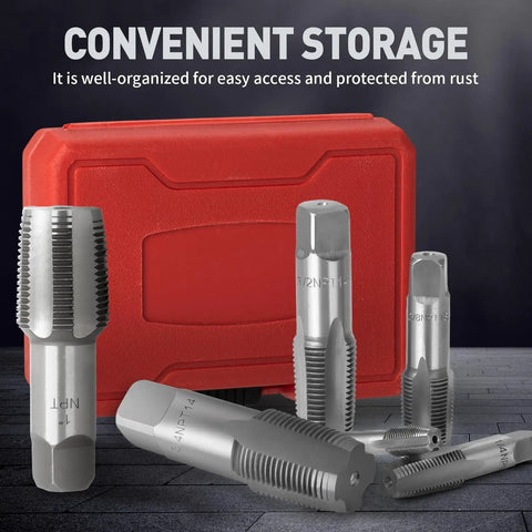 Six Piece NPT Pipe Tap Set Including One Inch Three Quarters Inch One Half Inch Three Eighths Inch One Quarter Inch And One Eighth Inch Taps For Pipe Thread Repair Re Threading Damaged Or Jammed Threads In Bearing Steel With Heavy Duty Storage Case displayed with red case.