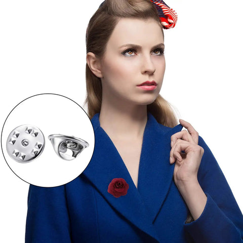 Woman wearing a blue coat with a red rose pin. Inset shows Clutch Badge Pin Backs Replacement Set 10 Mm Nickel Plated Brass For Insignia 50 Pack.
