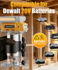 Brushless Cordless Trim Router Smooth Operator 20 V Battery Fit 30000 Rpm Palm Tool held in hand, compatible with Dewalt 20V batteries.