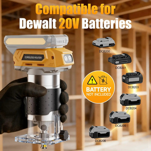 Brushless Cordless Trim Router Smooth Operator 20 V Battery Fit 30000 Rpm Palm Tool held in hand, compatible with Dewalt 20V batteries.