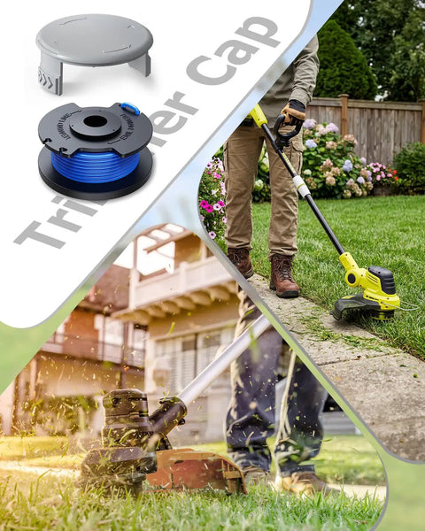 Man using cordless trimmer with 4 Pack Replacement Spool Cap For Ryobi Weed Eater And String Trimmers AC14HCA in garden