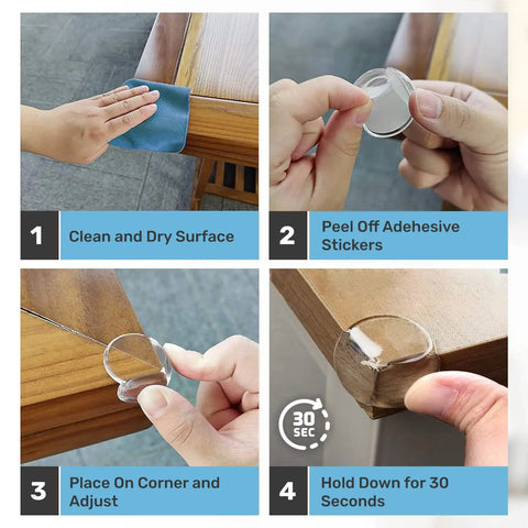 Rock Solid Table Corner Protectors And Clear Edge Guards For Baby Proofing Furniture Safety With Heavy Duty Tape application steps.