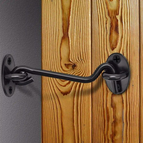 2 Pack Swivel Hook Gate Latch Stainless Steel Barn Shed Cabinet Door Holder mounted on wooden door.