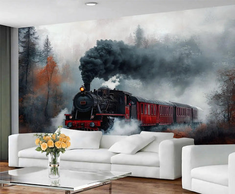 Steam Train Wall Mural Large 169x118 Inch Fabric Wallpaper For Living Room Decor Backdrop with realistic locomotive scene