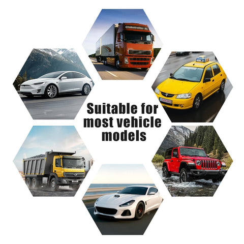 Collage of vehicles including a sedan, truck, taxi, semi, dump truck, and jeep with "Suitable for most vehicle models" text.