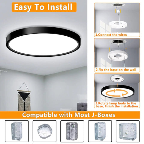 Installation guide for 2 Pack LED Flush Mount Ceiling Light Fixtures 9 Inch Black Modern Slick Low Profile Flat Surface Mount 18W 5000K Daylight