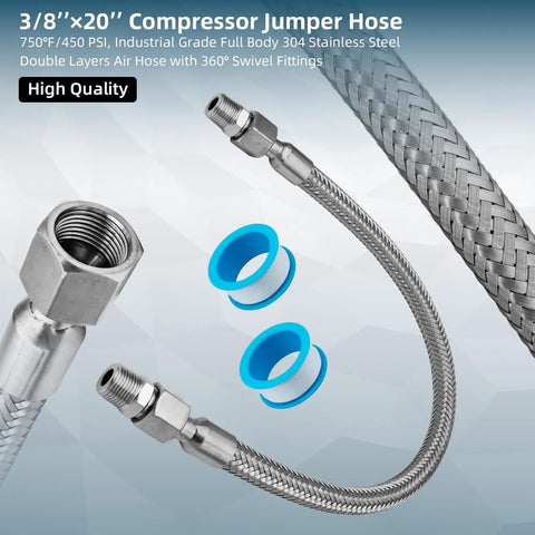 Built Tough 3/8 NPT Male Stainless Steel Compressor Jumper Hose, 20 Ft Long, 450 PSI, with Swivel Connectors and SUS304