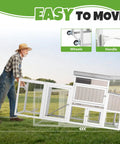 Man moving 78 Inch Mobile Chicken Coop With Wheels For Easy Backyard Flock in a farm field, showcases mobility and design.
