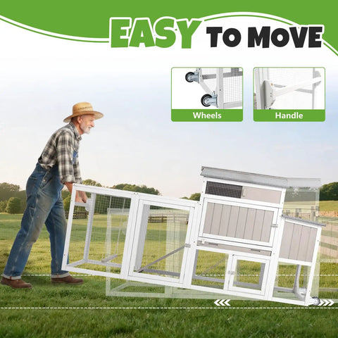 Man moving 78 Inch Mobile Chicken Coop With Wheels For Easy Backyard Flock in a farm field, showcases mobility and design.