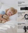 Child peacefully sleeping with a teddy bear in bed, showcasing Premium Door Stopper, Bearings, and Nylon Wheels.