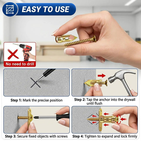 Heavy Duty Self Drilling Drywall Anchors And Screws Kit 200 Pieces No Drill Needed With 66 Lbs Max Support For Quick Rock Solid Wall Mounts In Home Or Office, gold anchor and screw install steps