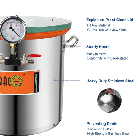 BACOENG 5-Gallon stainless steel vacuum chamber with tempered glass lid and gauge, front view