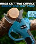 Cordless Pole Pruner with 21V battery, cutting 2.4 inch branch, electric pruning shears, brushless motor close-up.