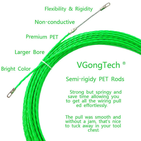 Bright green 30M 100ft Fish Tape Cable Puller Kit for through wall wiring flexible yet rigid design 4mm PET cable puller