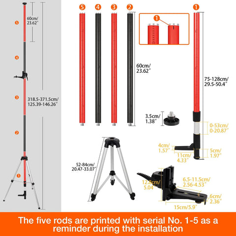 12 Foot Telescoping Laser Level Pole with Tripod shown with five sections, dual thread adapter, and setup instructions in black red.