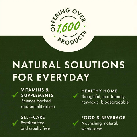Infographic highlighting natural solutions in vitamins, self-care, healthy home, and food with over 1,600 products offered.