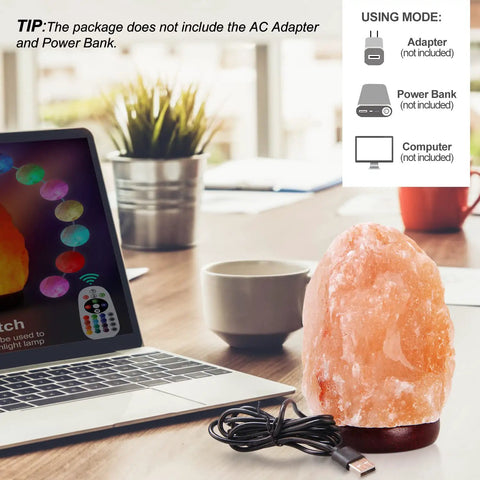 Himalayan Salt Lamp Night Light With Remote Control 5.5 Inch Pink Crystal Rock Light on wooden base, USB cable connected to laptop