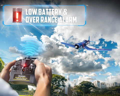 Person holding remote control with blue F4U Corsair in sky, Brushless RC Plane With 4 Channel Remote Control Aerobatic 2.4 GHz Aircraft