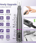 Totally Dope Cordless Nail Drill Kit Featuring Marathon Seven Hour Battery Life And Top Shelf Salon Bits For Effortless Flawless Manicures Whenever You Want, gray cordless design with controls and bit.