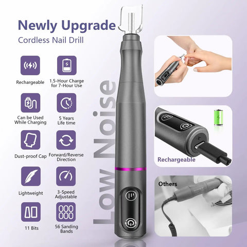 Totally Dope Cordless Nail Drill Kit Featuring Marathon Seven Hour Battery Life And Top Shelf Salon Bits For Effortless Flawless Manicures Whenever You Want, gray cordless design with controls and bit.