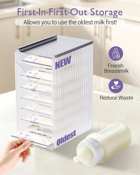 Breastmilk Storage Organizer Freezer Tower With Quick Freeze Tray And Fifo System For New Moms, clear storage for efficient access.