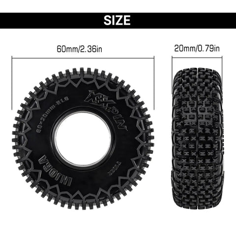 S5 60x20mm XHX Pin Tire For SCX24 FCX24 1/18 1/24 RC Crawlers with size dimensions and tread pattern details