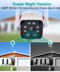 Outdoor No-Fuss Security Camera 1080P WiFi With Night Vision And 8X Digital Zoom AI Human Motion Detection And Real-Time Alerts shown day and night.