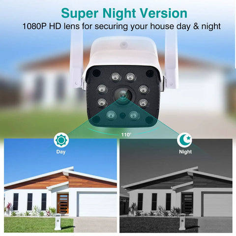Outdoor No-Fuss Security Camera 1080P WiFi With Night Vision And 8X Digital Zoom AI Human Motion Detection And Real-Time Alerts shown day and night.