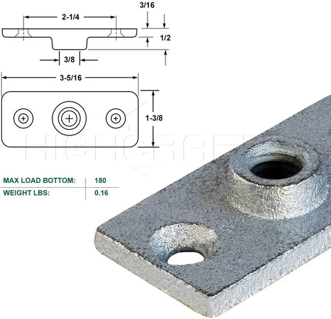 Ceiling Flange Hanger Plate For Three Eighths Inch Threaded Rod Not Pipe DIY Friendly Plumbing And Industrial Decor Galvanized Iron Sturdy Mounts One And Three Eighths Inch Wide By Three And Five Sixteenths Inch Long Pack Of Twenty product with measurements and details visible.