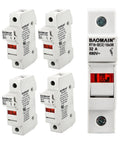 5 Pack RT18 32 X 1P DIN Rail Fuse Holder 32A 690V AC with LED indicator and UL CE certification, front and side views