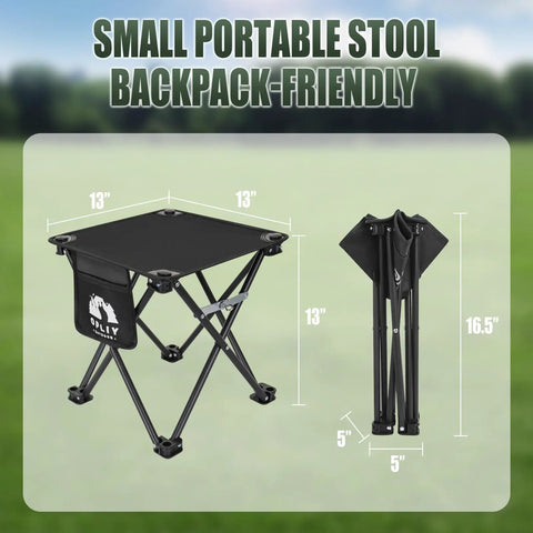 Two Pack Folding Camping Stool With Upgraded Latch Buckle, Ultra Lightweight Portable Seat unfolded and folded, dimensions shown.