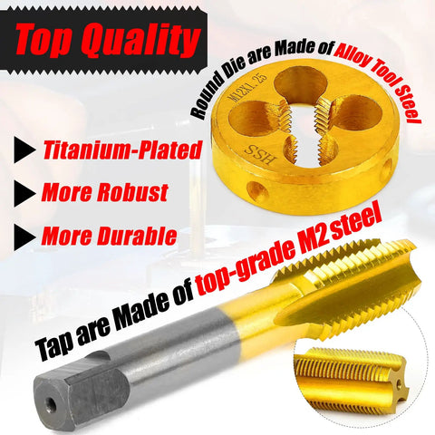 M14 X 1.5 Metric Tap And Die Set Right Hand With M2 HSS Tap And Round Die highlighted titanium-plated and steel details