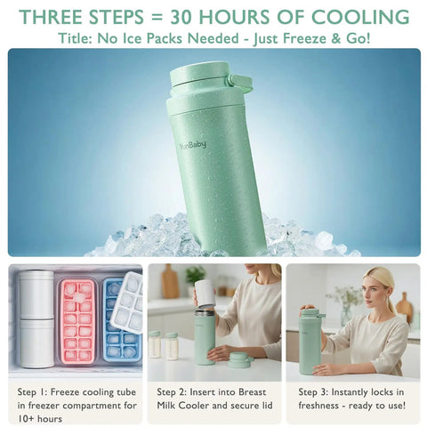 Portable Breast Milk Cooler With Thirty Hour Cooling To Keep Your Fresh Stash Crisp On The Hustle, Travel Proof Nursing Bag Including Two BPA Free Stash Bottles And Pro Grade Ice Pack, Green with ice cubes and steps to use.