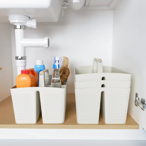 Portable Shower Caddy With Handle For Bathroom And Kitchen, Rust Resistant Durable Organizer With 3 Large Compartments in cabinet