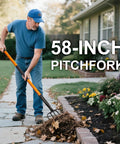 Man using 5 Tine Pitchfork For Gardening Heavy Duty With Fiberglass Handle Garden Fork For Mulching And Hauling Debris 58 Inches Long