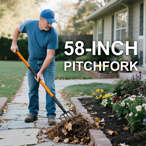 Man using 5 Tine Pitchfork For Gardening Heavy Duty With Fiberglass Handle Garden Fork For Mulching And Hauling Debris 58 Inches Long
