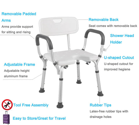 Heavy Duty Shower Chair With Back And Arms 300 Lb Capacity Padded Bath Seat With Handles And Cutout For Seniors