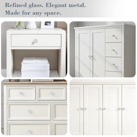 Crystal Cabinet Knobs Set For Dresser With Two Screws, Dope Diamond Glass Pull Handles, 30 Pack, on white dressers