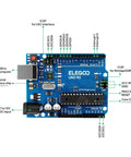 Rad Uno R3 Compatible Electronics Kit For Arduino IDE Beginners, top view of Arduino board with labeled components and connections.