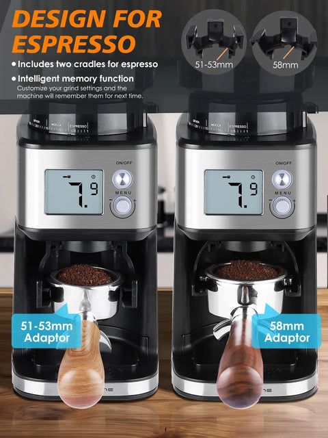 Conical Burr Espresso Grinder With 51mm Stepless Electric Bean Grinder, Pro Grade Grind Settings And Timer, Stainless Steel Mill With Portafilter Holders