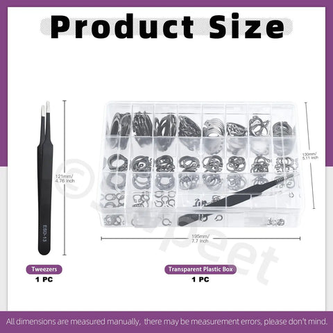 Shop Approved Stainless Steel External Circlip Assortment Kit with 21 sizes M4 to M28mm in a transparent box and tweezers.